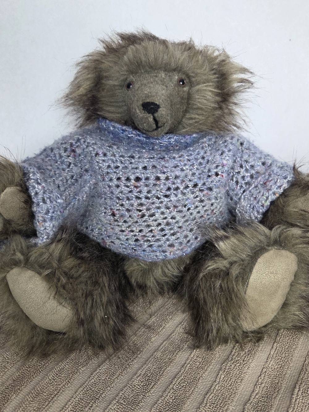 Vintage Handmade Mohair Brown Plush Teddy Bear With Sweater And Movable Limbs
